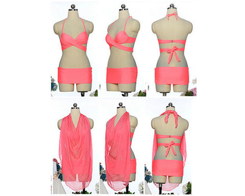 Solid Color Bandage Triangle Bikini Set with Cover Up Sarong - Pink