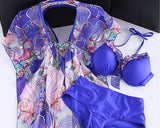 3 Pcs Floral Swimsuit Set with Tropical Cover Up Blouse - Blue