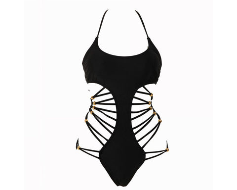 Black Strappy One Piece String Monokini Swimwear