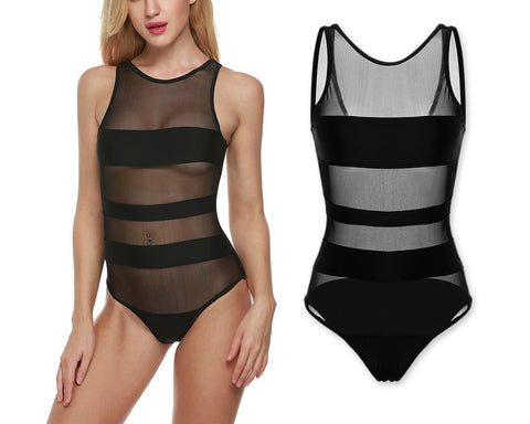 Stripes Mesh Splicing Monokini Swimwear - Black