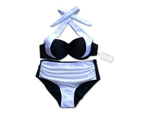 Double Colored High Waist Halter Bikini Set - White