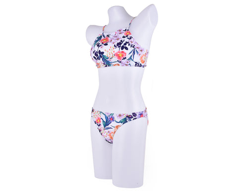 Floral Foliage Print High Neck Halter Bikini Set - White