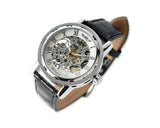 Men's PU Leather Skeleton Mechanical Sport Army Wrist Watch