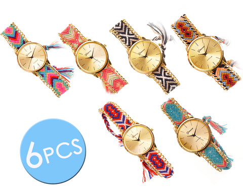 6 Pcs Women Ethnic Knitted Weaved Bracelet Quartz Dial Wrist Watch Set