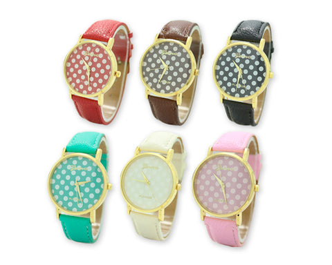 6 Pcs Geneva Women Candy Color Polka Dots  Leather Alloy Wrist Watch