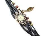 Retro Leaf Women Lady Weave Wrap Leather Bracelet Wrist Watch