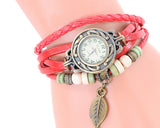 Retro Leaf Women Lady Weave Wrap Leather Bracelet Wrist Watch