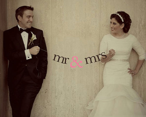 Mr. And Mrs. Wedding Photo Booth Props Banner - Pink