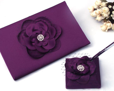 Rose Flower Wedding Reception Guest Book and Pen Set - Purple