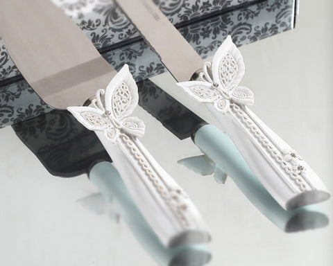 Sparkling Love Double Butterfly Wedding Cake Knife and Server Set