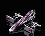 Crystal Tie Clip and Rectangle Cufflinks for Men Set - Classic Magenta