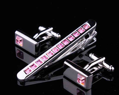 Classic Crystal Cufflinks and Tie Clip Set - Pink