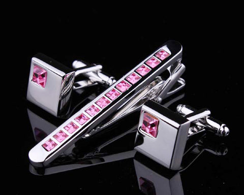 Chic Crystal Cufflinks and Tie Clip Set - Pink