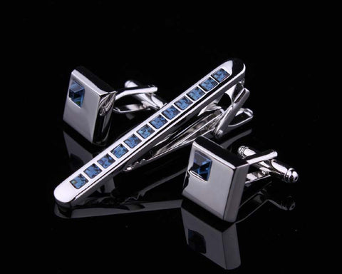 Chic Crystal Cufflinks and Tie Clip Set - Blue